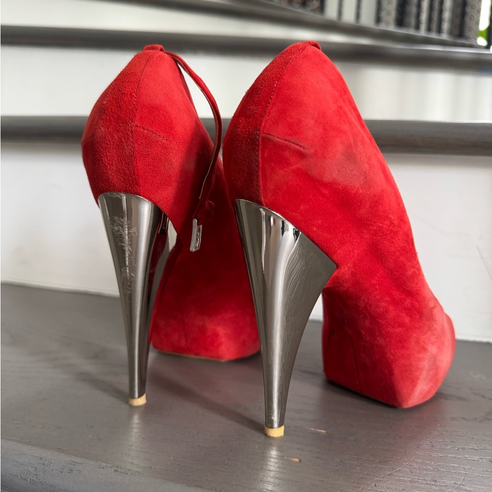 Giuseppe Zanotti Red Suede Peep-Toe Silver Metal Heels, size 7.5
